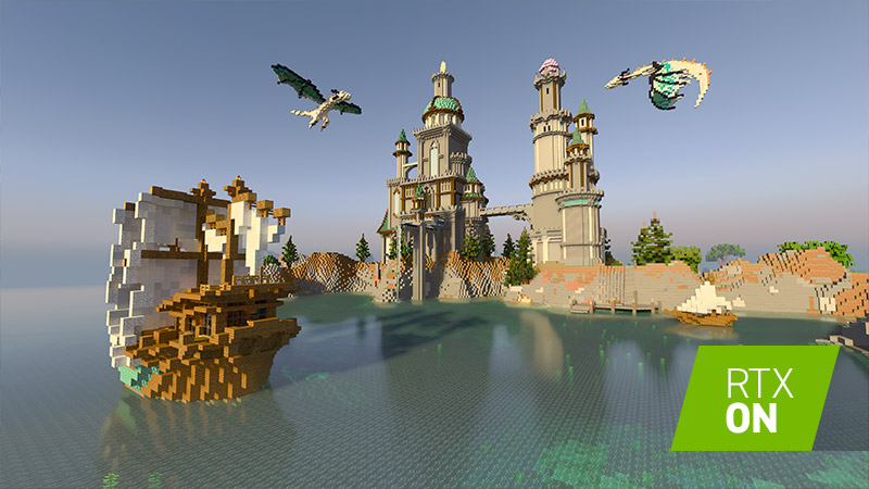 Minecraft castle and ship with ray tracing