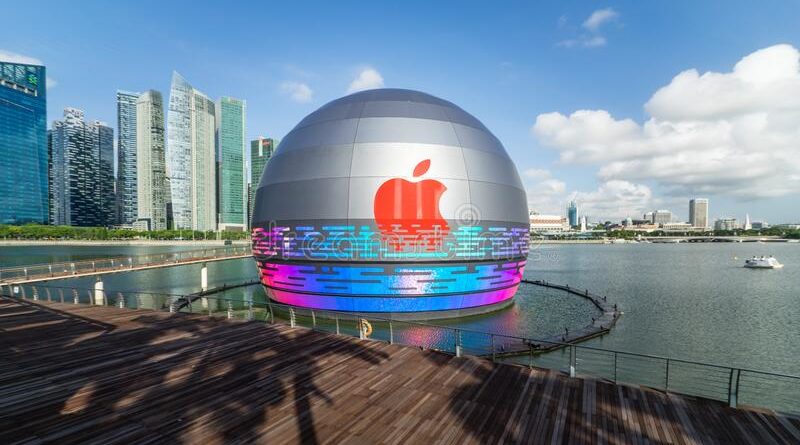 world s first apple store floats water marina bay sands singapore blue sky against modern metropolis city 195031374