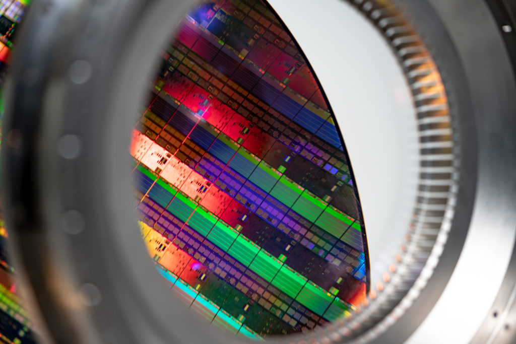 Lithography elements Silicon wafer seen through a lens element