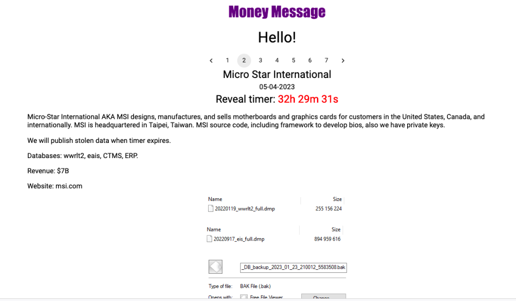 Money Message MSI ransomware